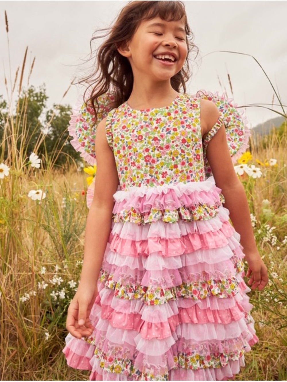 Mini Boden Girls Floral Bodice Pink Ruffle Tiered Dress very good used condition